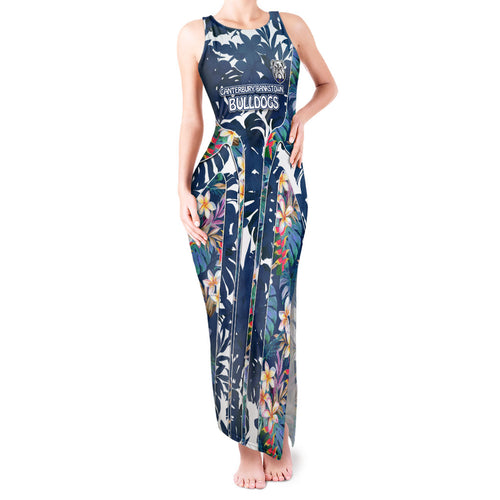 Canterbury-Bankstown Bulldogs Tank Maxi Dress Tropical Hibiscus Floral Pattern With Blue And White Accents