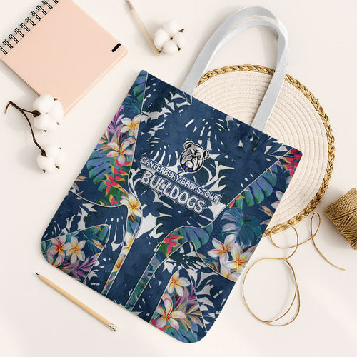 Canterbury-Bankstown Bulldogs Tote Bag Tropical Hibiscus Floral Pattern With Blue And White Accents