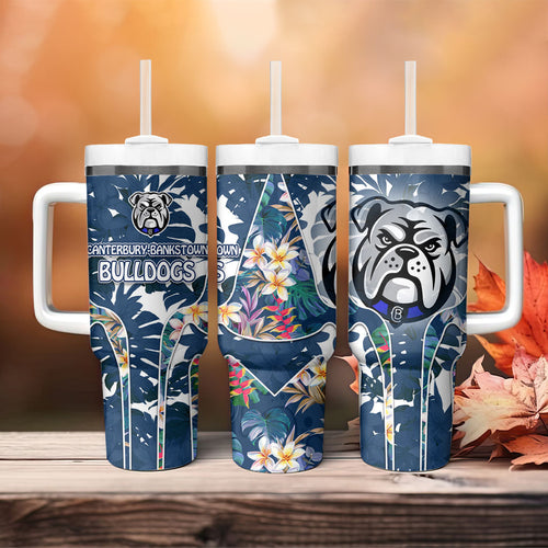 Canterbury-Bankstown Bulldogs Tumbler With Handle Tropical Hibiscus Floral Pattern With Blue And White Accents