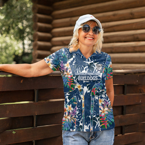 Canterbury-Bankstown Bulldogs Women Polo Shirt Tropical Hibiscus Floral Pattern With Blue And White Accents