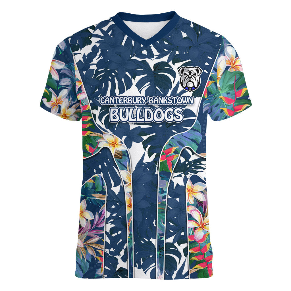 Canterbury-Bankstown Bulldogs Women V-Neck T-Shirt Tropical Hibiscus Floral Pattern With Blue And White Accents
