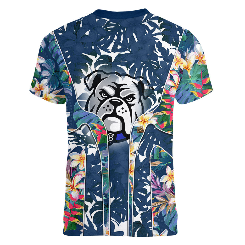 Canterbury-Bankstown Bulldogs Women V-Neck T-Shirt Tropical Hibiscus Floral Pattern With Blue And White Accents