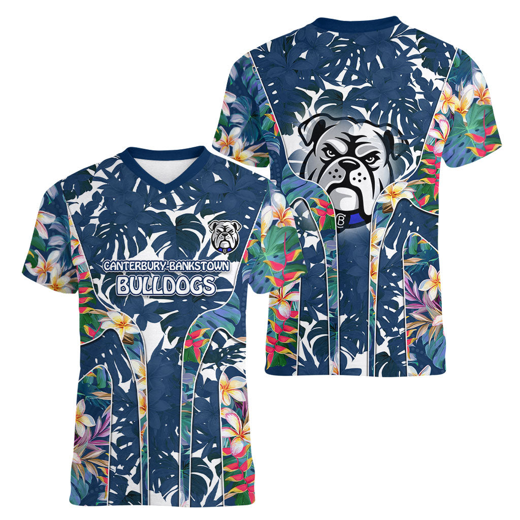 Canterbury-Bankstown Bulldogs Women V-Neck T-Shirt Tropical Hibiscus Floral Pattern With Blue And White Accents