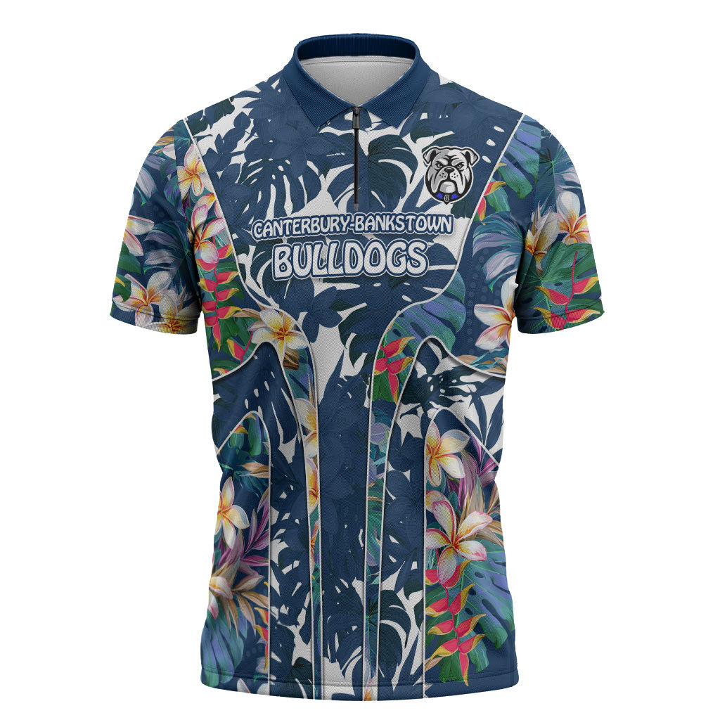 Canterbury-Bankstown Bulldogs Zipper Polo Shirt Tropical Hibiscus Floral Pattern With Blue And White Accents