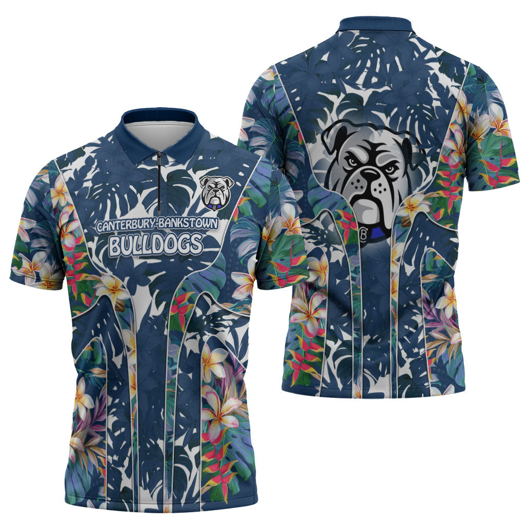 Canterbury-Bankstown Bulldogs Zipper Polo Shirt Tropical Hibiscus Floral Pattern With Blue And White Accents