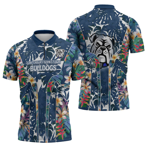 Canterbury-Bankstown Bulldogs Zipper Polo Shirt Tropical Hibiscus Floral Pattern With Blue And White Accents