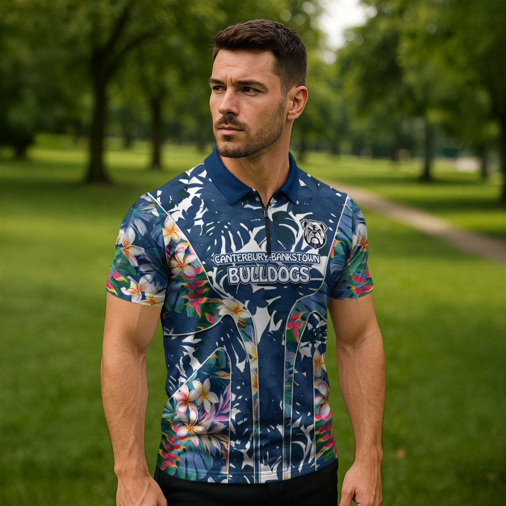Canterbury-Bankstown Bulldogs Zipper Polo Shirt Tropical Hibiscus Floral Pattern With Blue And White Accents