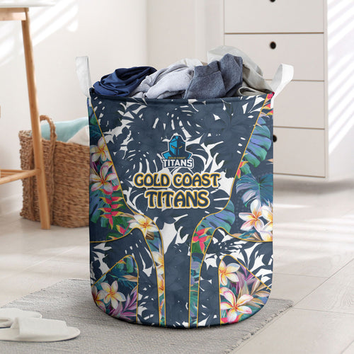 Gold Coast Titans Laundry Basket Tropical Hibiscus Floral Pattern With Blue And Yellow Accents