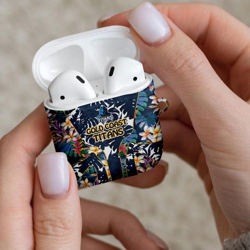 Gold Coast Titans AirPods Case Tropical Hibiscus Floral Pattern With Blue And Yellow Accents