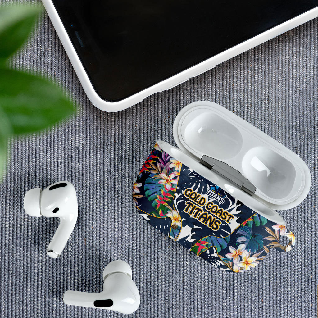 Gold Coast Titans AirPods Case Tropical Hibiscus Floral Pattern With Blue And Yellow Accents