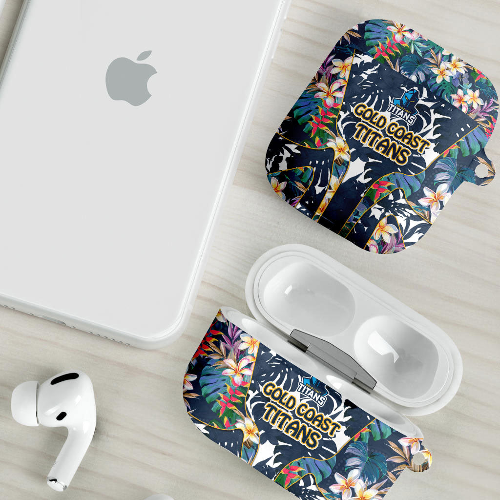 Gold Coast Titans AirPods Case Tropical Hibiscus Floral Pattern With Blue And Yellow Accents