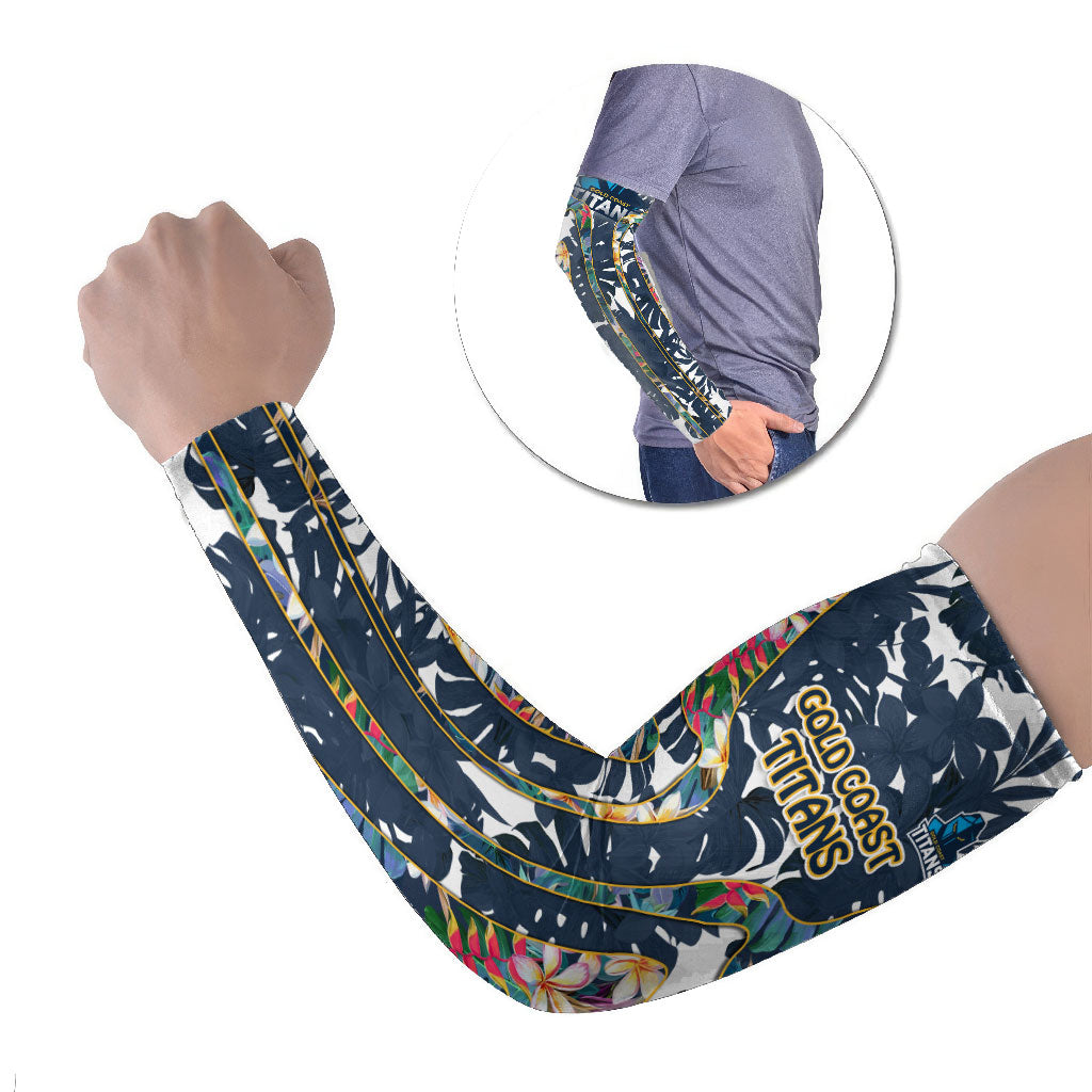 Gold Coast Titans Arm Sleeves Tropical Hibiscus Floral Pattern With Blue And Yellow Accents