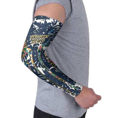 Gold Coast Titans Arm Sleeves Tropical Hibiscus Floral Pattern With Blue And Yellow Accents