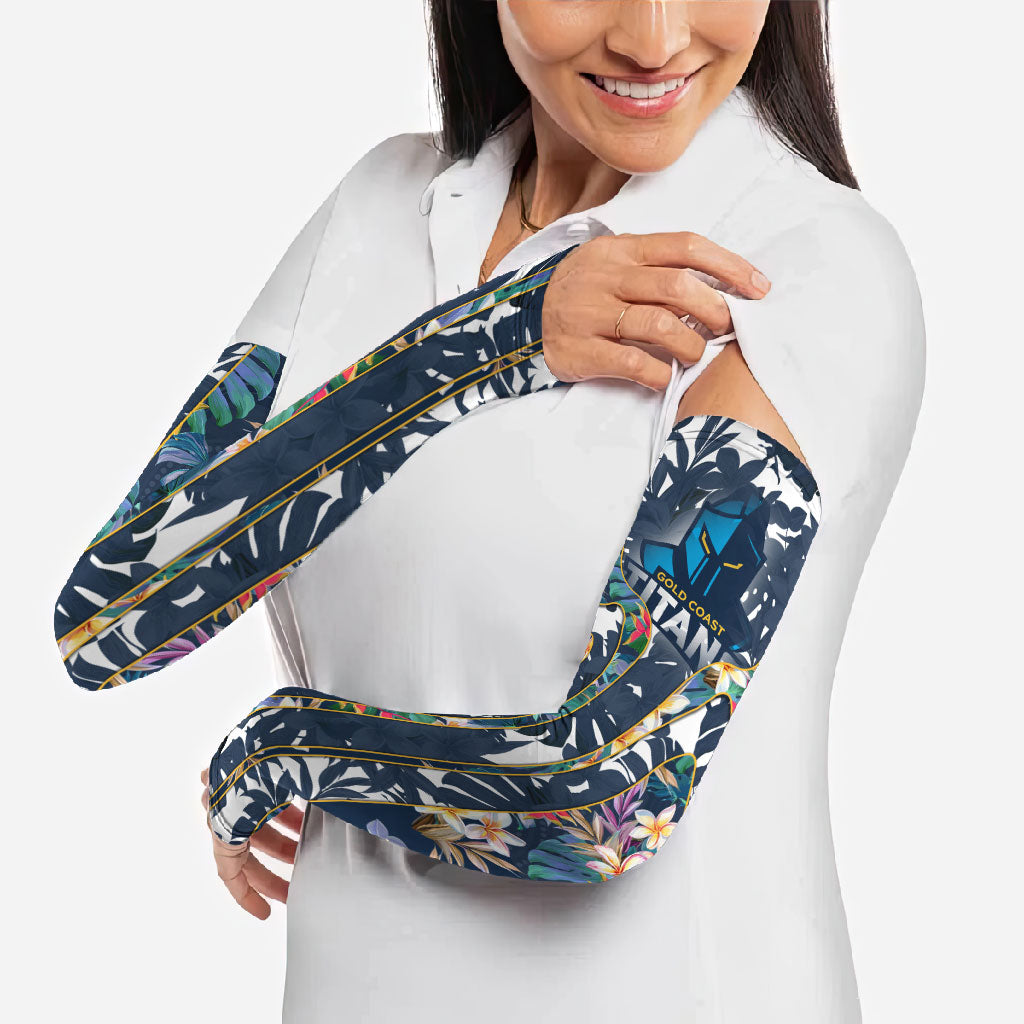 Gold Coast Titans Arm Sleeves Tropical Hibiscus Floral Pattern With Blue And Yellow Accents