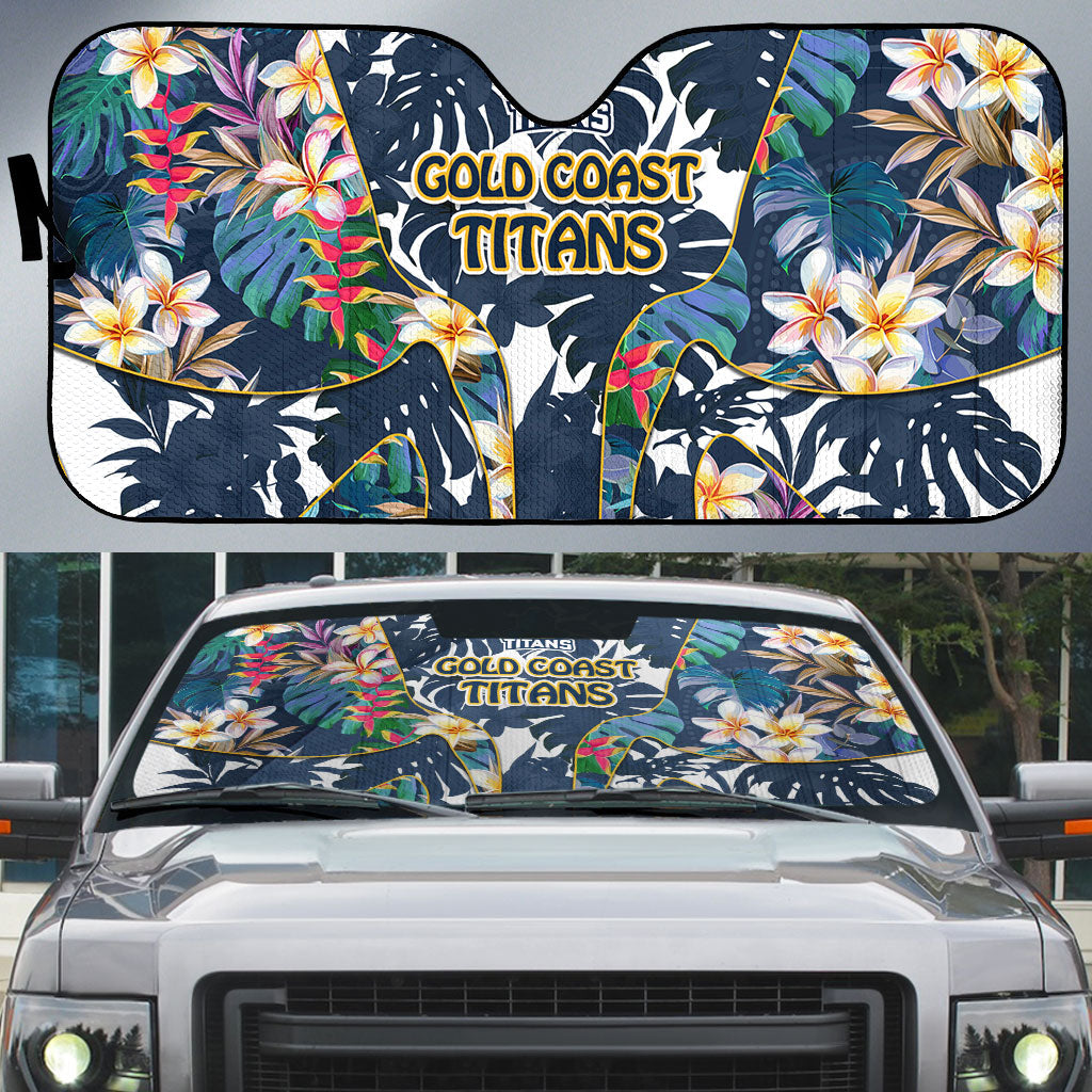 Gold Coast Titans Auto Sun Shade Tropical Hibiscus Floral Pattern With Blue And Yellow Accents