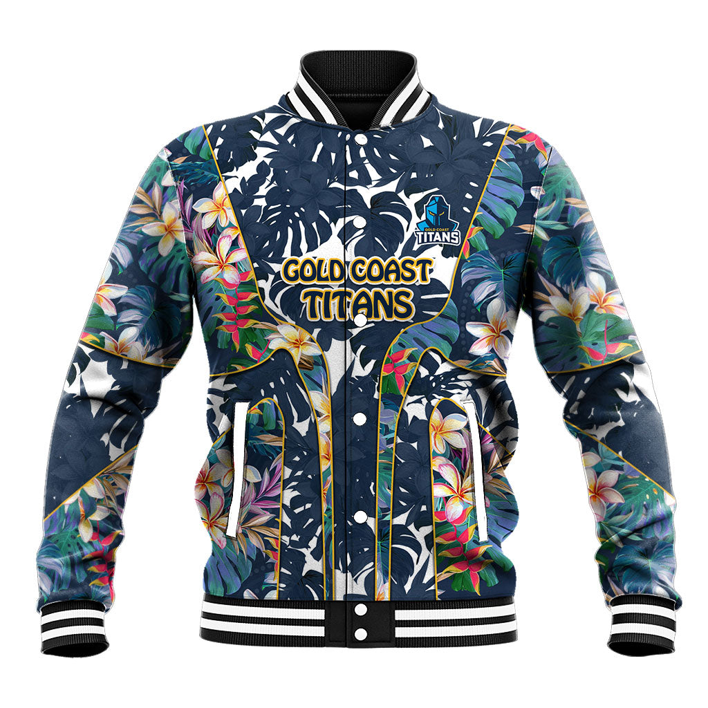 Gold Coast Titans Baseball Jacket Tropical Hibiscus Floral Pattern With Blue And Yellow Accents