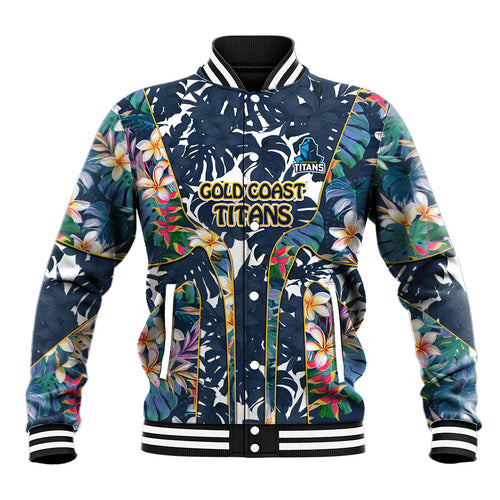 Gold Coast Titans Baseball Jacket Tropical Hibiscus Floral Pattern With Blue And Yellow Accents
