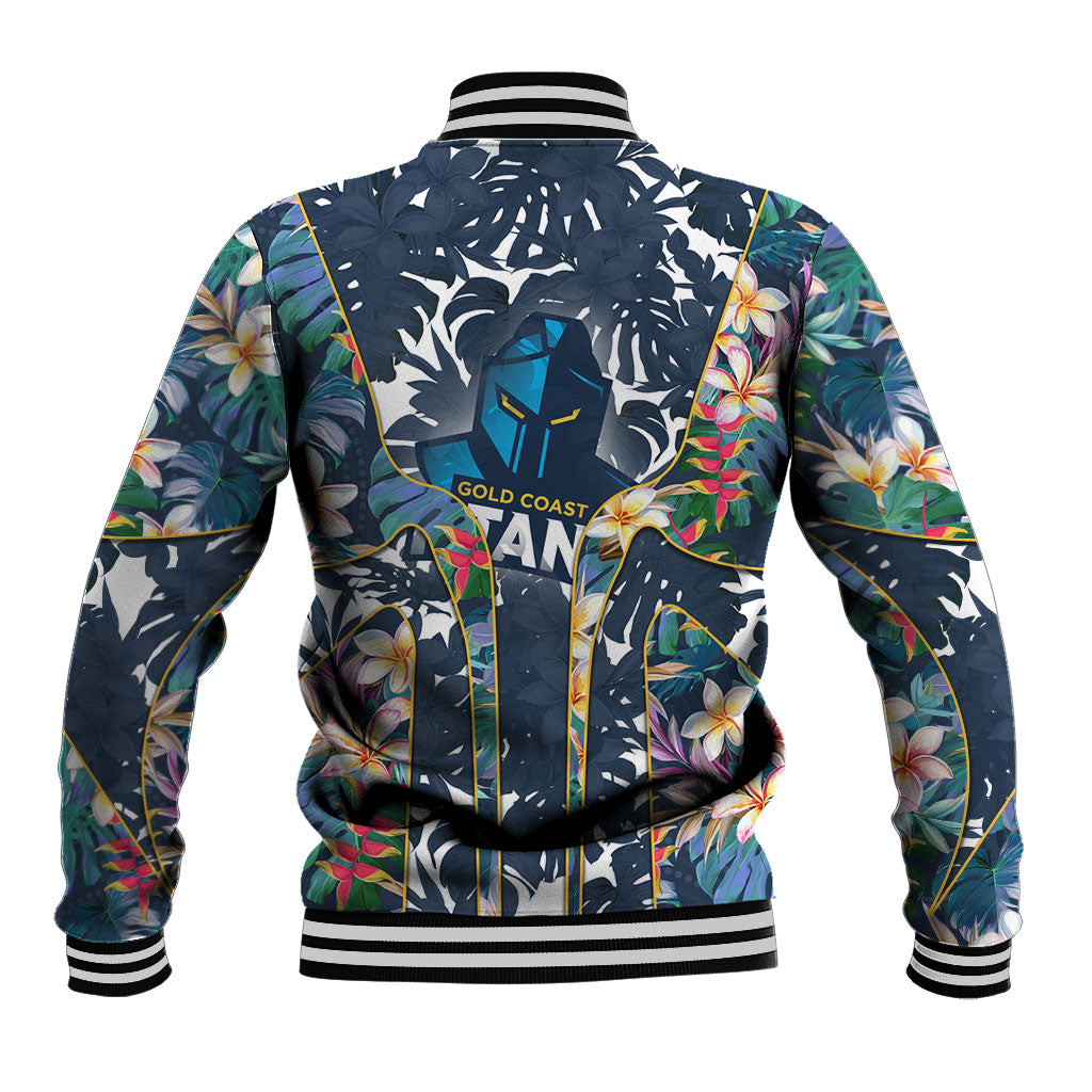 Gold Coast Titans Baseball Jacket Tropical Hibiscus Floral Pattern With Blue And Yellow Accents
