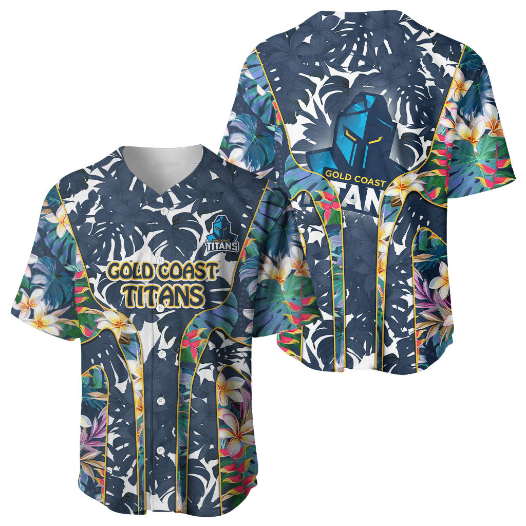 Gold Coast Titans Baseball Jersey Tropical Hibiscus Floral Pattern With Blue And Yellow Accents