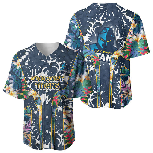 Gold Coast Titans Baseball Jersey Tropical Hibiscus Floral Pattern With Blue And Yellow Accents