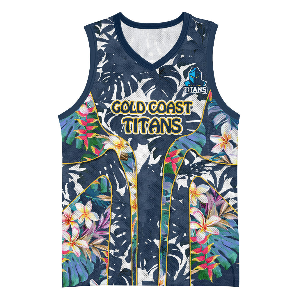 Gold Coast Titans Basketball Jersey Tropical Hibiscus Floral Pattern With Blue And Yellow Accents