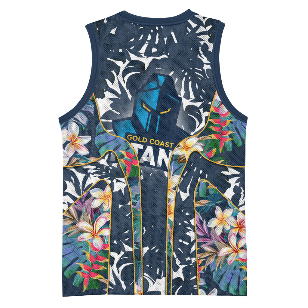 Gold Coast Titans Basketball Jersey Tropical Hibiscus Floral Pattern With Blue And Yellow Accents