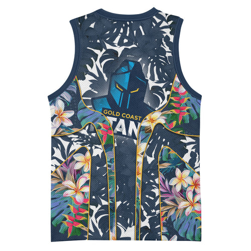 Gold Coast Titans Basketball Jersey Tropical Hibiscus Floral Pattern With Blue And Yellow Accents