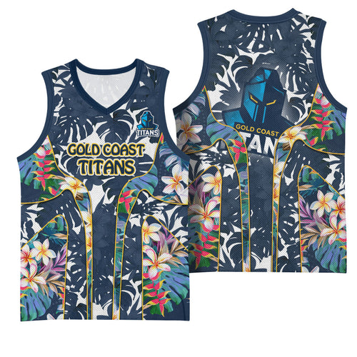Gold Coast Titans Basketball Jersey Tropical Hibiscus Floral Pattern With Blue And Yellow Accents