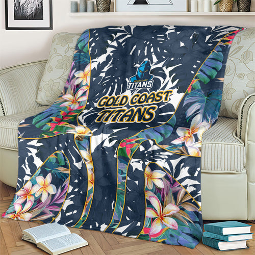 Gold Coast Titans Blanket Tropical Hibiscus Floral Pattern With Blue And Yellow Accents