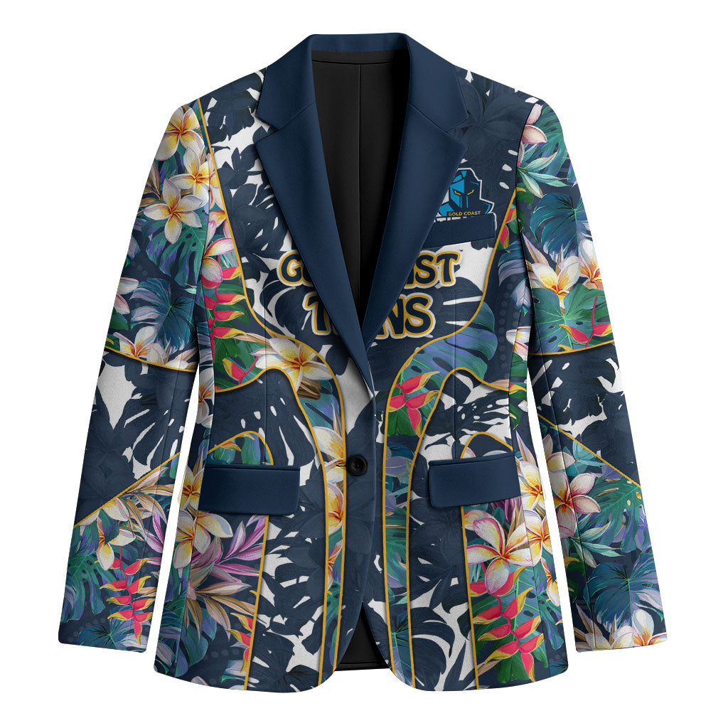 Gold Coast Titans Blazer Tropical Hibiscus Floral Pattern With Blue And Yellow Accents