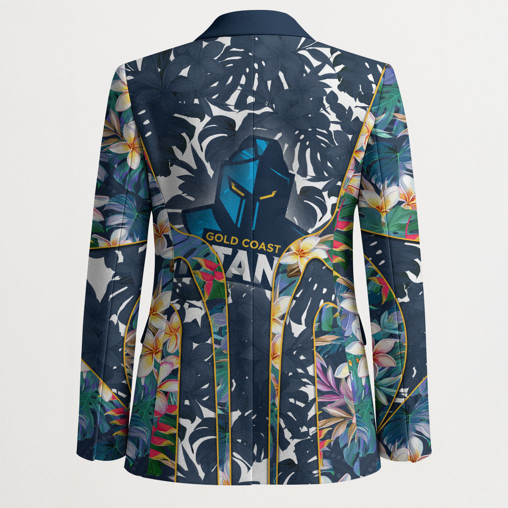 Gold Coast Titans Blazer Tropical Hibiscus Floral Pattern With Blue And Yellow Accents