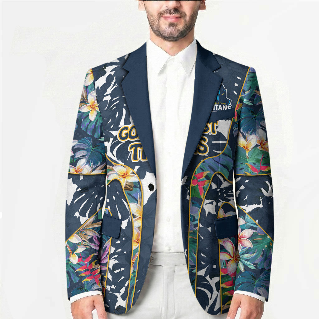 Gold Coast Titans Blazer Tropical Hibiscus Floral Pattern With Blue And Yellow Accents
