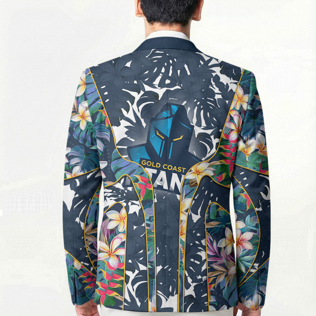 Gold Coast Titans Blazer Tropical Hibiscus Floral Pattern With Blue And Yellow Accents