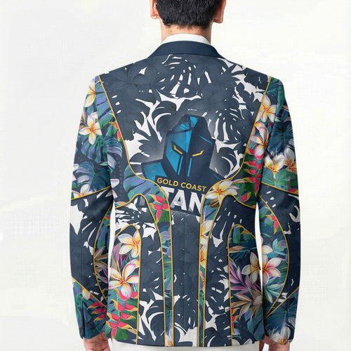 Gold Coast Titans Blazer Tropical Hibiscus Floral Pattern With Blue And Yellow Accents