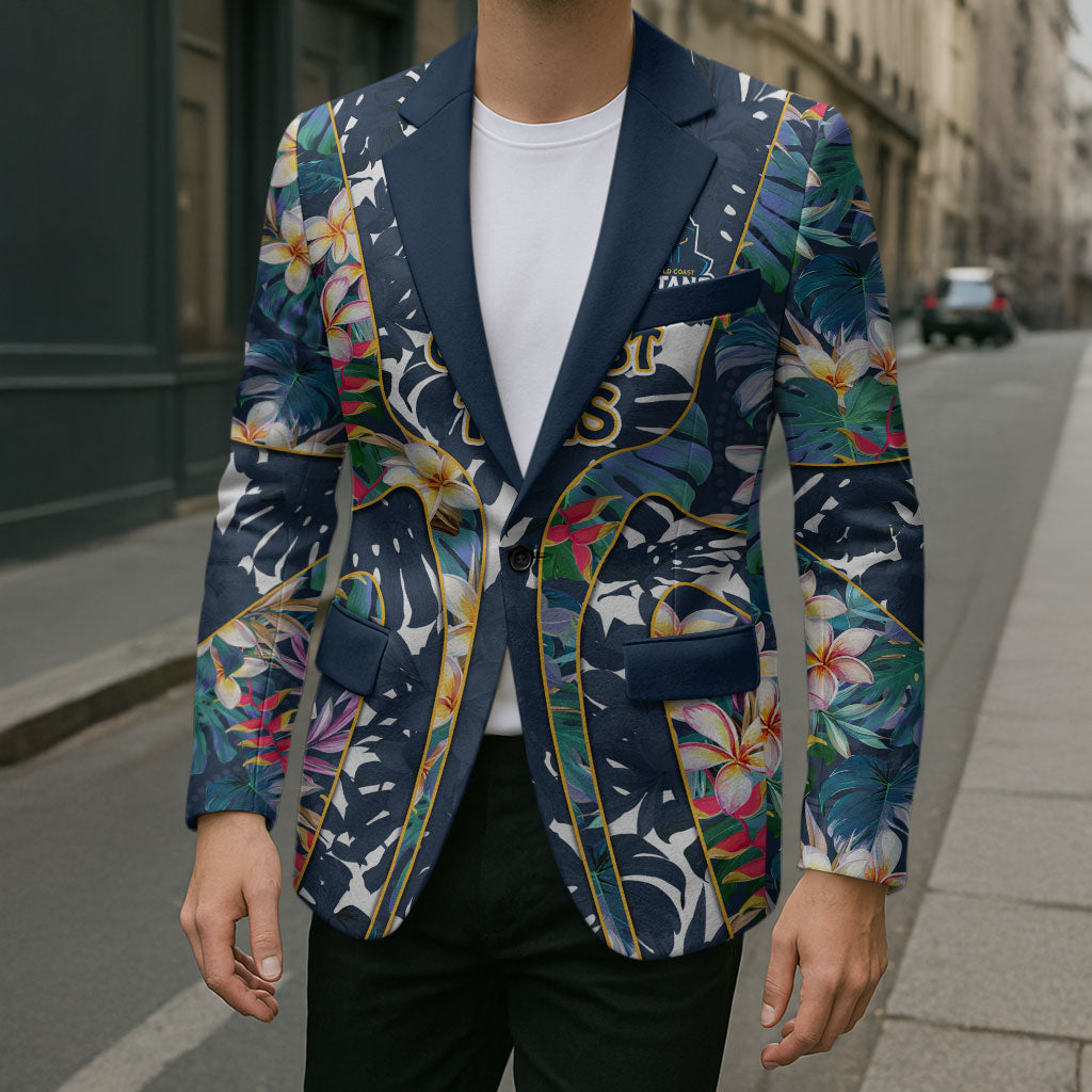 Gold Coast Titans Blazer Tropical Hibiscus Floral Pattern With Blue And Yellow Accents