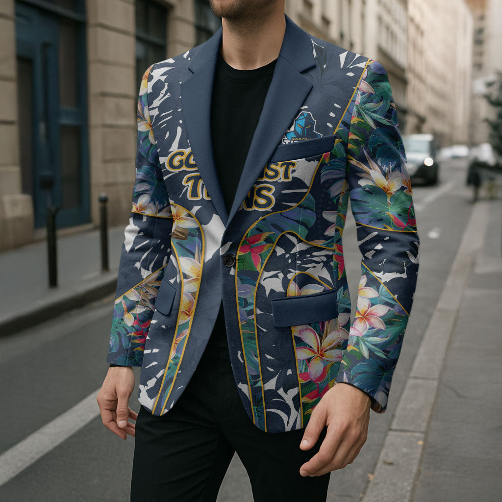 Gold Coast Titans Blazer Tropical Hibiscus Floral Pattern With Blue And Yellow Accents
