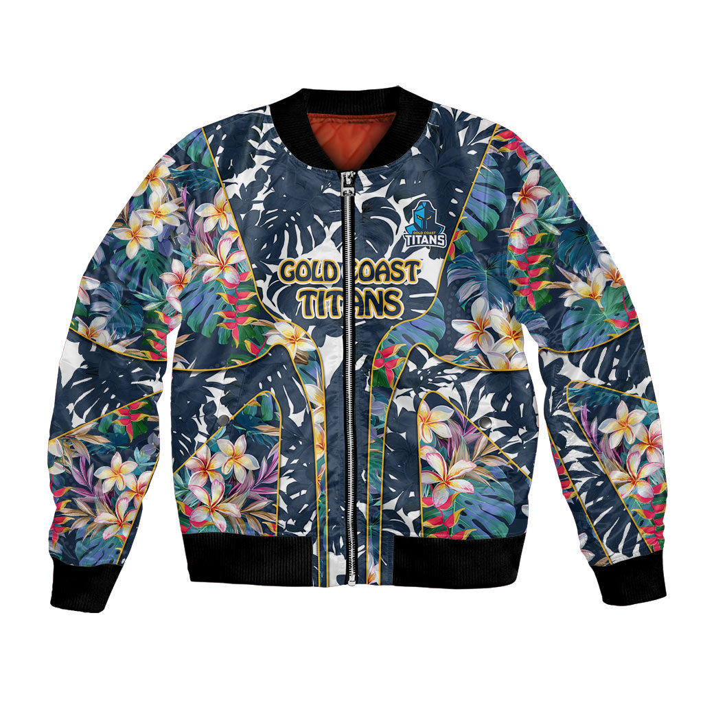 Gold Coast Titans Bomber Jacket Tropical Hibiscus Floral Pattern With Blue And Yellow Accents