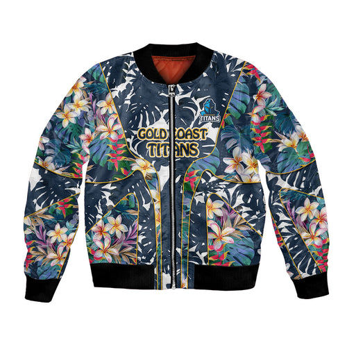 Gold Coast Titans Bomber Jacket Tropical Hibiscus Floral Pattern With Blue And Yellow Accents