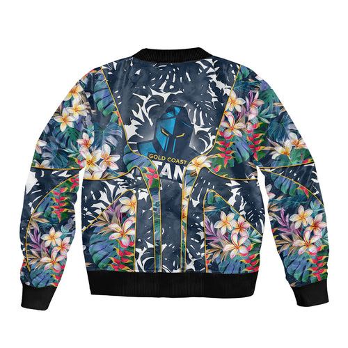 Gold Coast Titans Bomber Jacket Tropical Hibiscus Floral Pattern With Blue And Yellow Accents