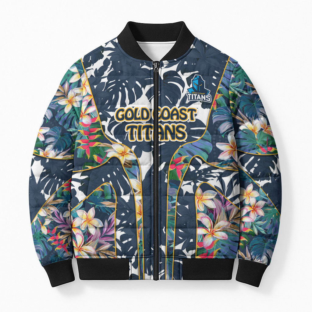 Gold Coast Titans Bomber Puffer Jacket Tropical Hibiscus Floral Pattern With Blue And Yellow Accents