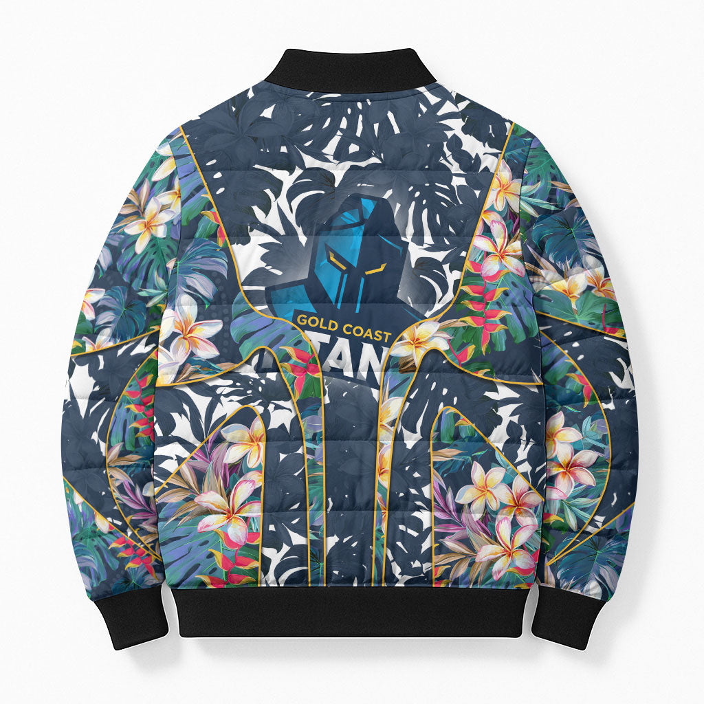 Gold Coast Titans Bomber Puffer Jacket Tropical Hibiscus Floral Pattern With Blue And Yellow Accents