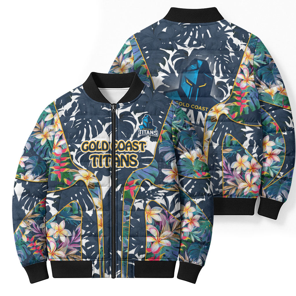 Gold Coast Titans Bomber Puffer Jacket Tropical Hibiscus Floral Pattern With Blue And Yellow Accents