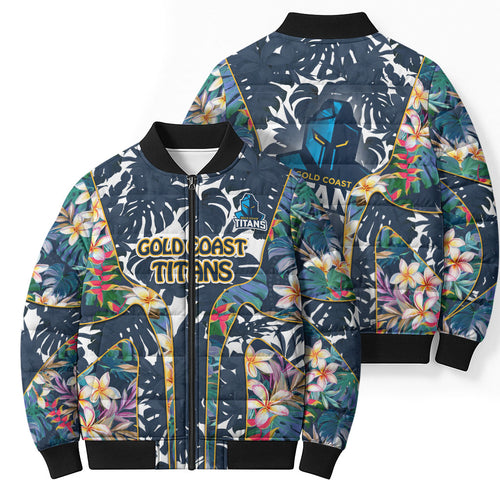 Gold Coast Titans Bomber Puffer Jacket Tropical Hibiscus Floral Pattern With Blue And Yellow Accents