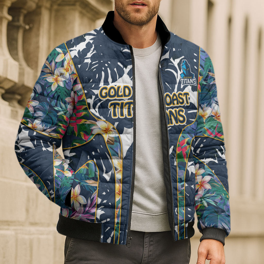 Gold Coast Titans Bomber Puffer Jacket Tropical Hibiscus Floral Pattern With Blue And Yellow Accents
