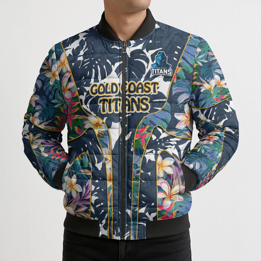 Gold Coast Titans Bomber Puffer Jacket Tropical Hibiscus Floral Pattern With Blue And Yellow Accents