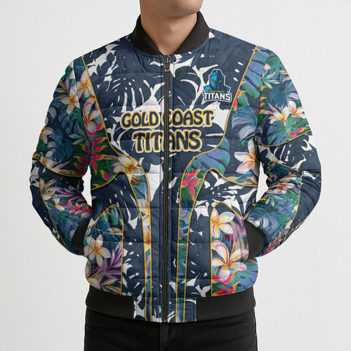 Gold Coast Titans Bomber Puffer Jacket Tropical Hibiscus Floral Pattern With Blue And Yellow Accents