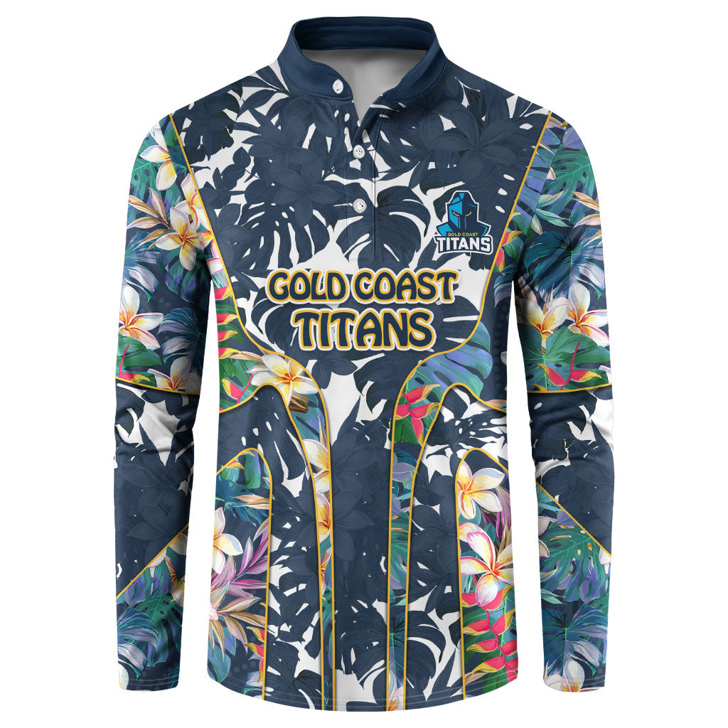 Gold Coast Titans Button Sweatshirt Tropical Hibiscus Floral Pattern With Blue And Yellow Accents