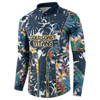 Gold Coast Titans Button Sweatshirt Tropical Hibiscus Floral Pattern With Blue And Yellow Accents
