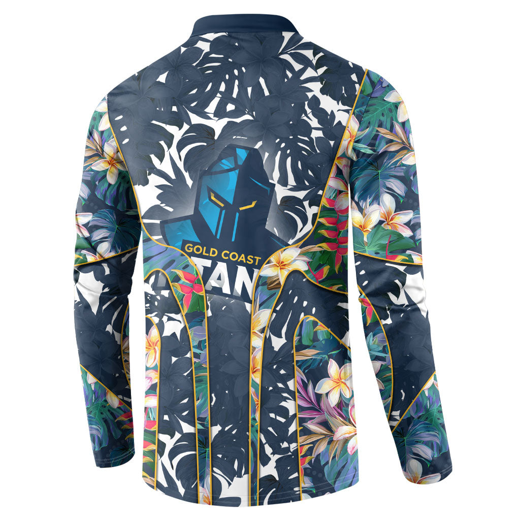 Gold Coast Titans Button Sweatshirt Tropical Hibiscus Floral Pattern With Blue And Yellow Accents