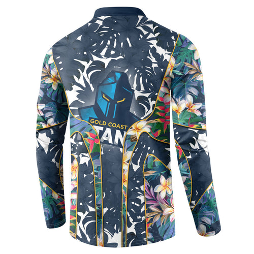 Gold Coast Titans Button Sweatshirt Tropical Hibiscus Floral Pattern With Blue And Yellow Accents